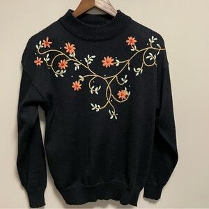 Vintage 80s Barbra Sue Floral Embroidered Sweater w Shoulder Pads Women’s Medium